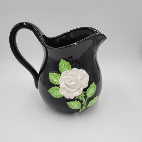 Vintage Fitz & Floyd Pitcher Black White Rose Floral Pattern Ceramic Handpainted - Picture 3 of 9